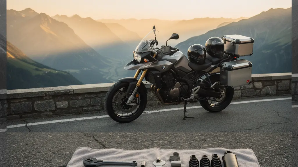 Motard réglant la suspension arrière d'une moto avec passager et bagages