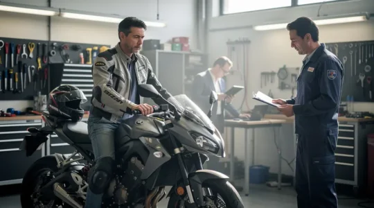Motard examinant sa moto accidentée dans un atelier de réparation avec expert et mécanicien