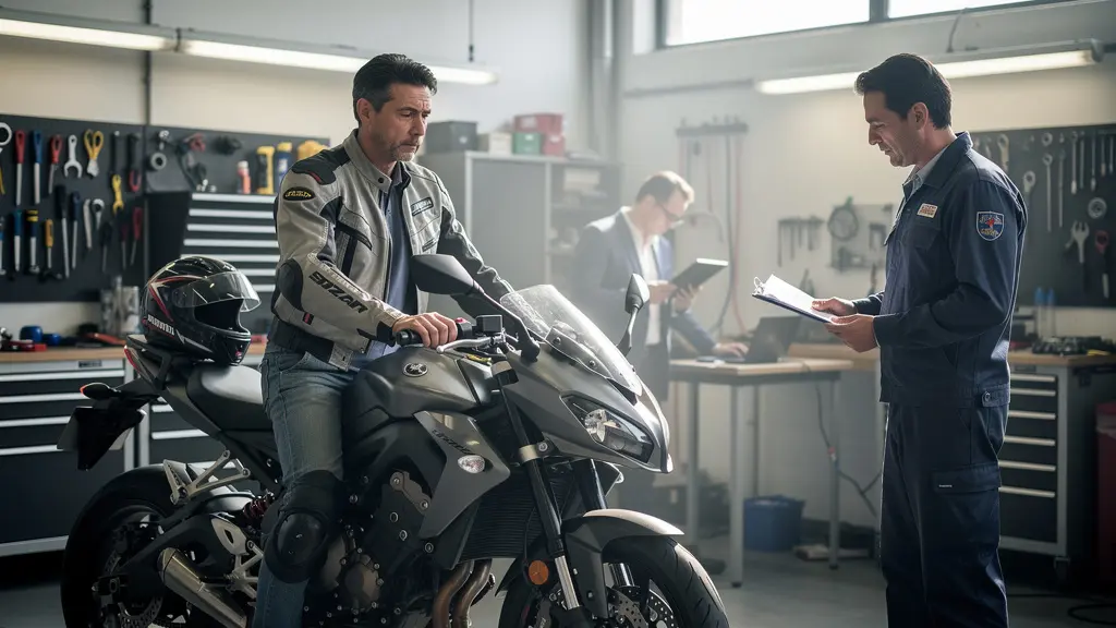Motard examinant sa moto accidentée dans un atelier de réparation avec expert et mécanicien