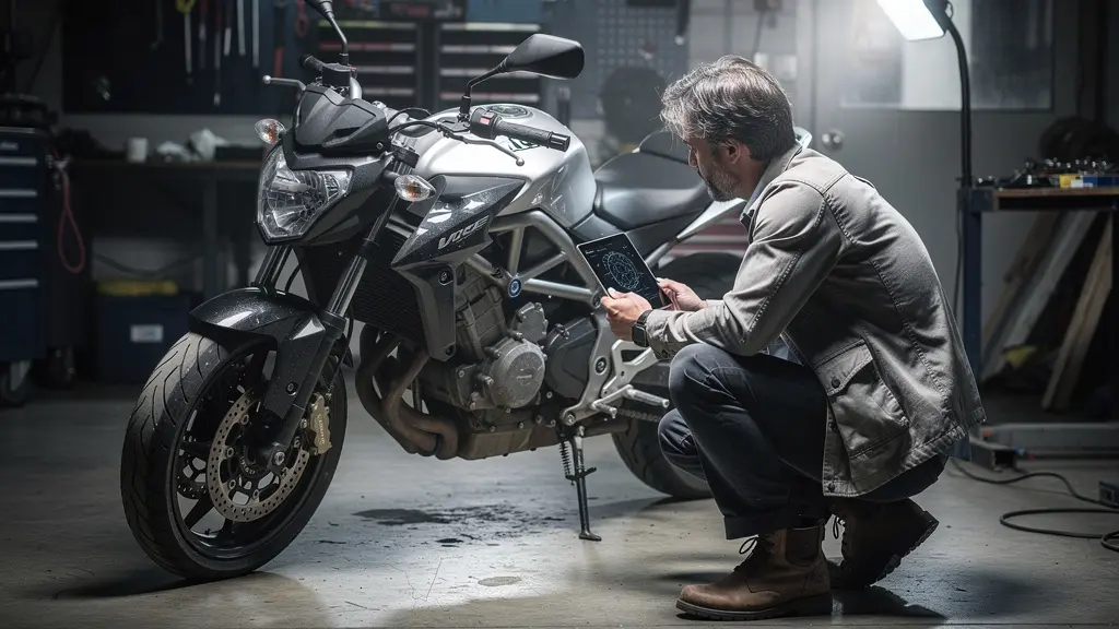 Expert automobile examinant une moto retrouvée après vol dans un garage