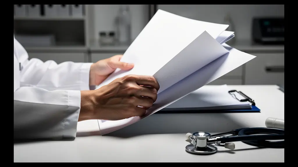 Main d'expert médical examinant des documents d'évaluation avec stéthoscope en arrière-plan
