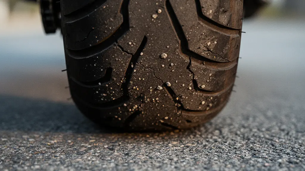 Vue macro d'un pneu moto en contact avec l'asphalte montrant la déformation de la gomme due à un sous-gonflage