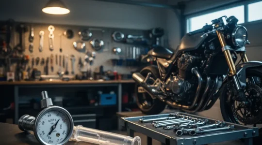 Gros plan sur les mains d'un mécanicien ajustant le moteur d'une moto dans un atelier, évoquant la précision des réglages pour économiser du carburant