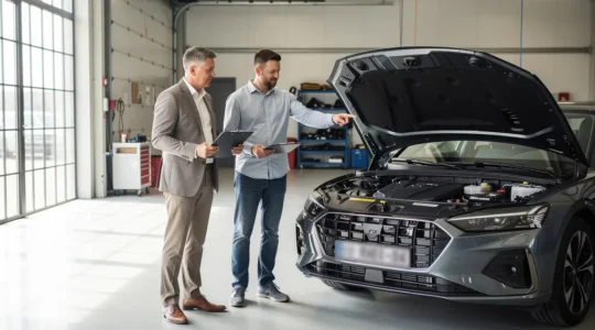 Réunion d'expertise contradictoire automobile dans un garage avec experts et propriétaire