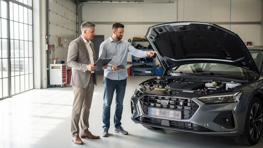 Réunion d'expertise contradictoire automobile dans un garage avec experts et propriétaire