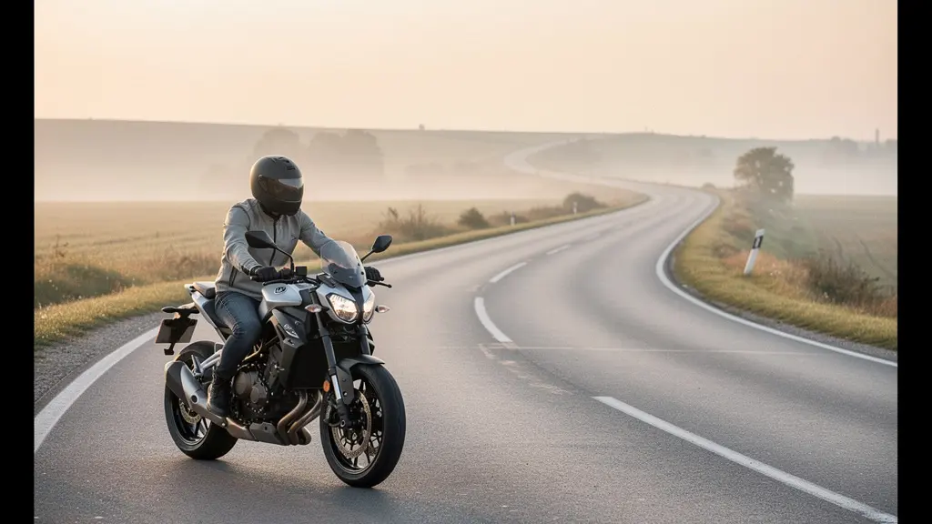 Moto roulant calmement sur une route vide à l’aube, ambiance paisible et espace négatif pour illustrer l’idée de rodage progressif.