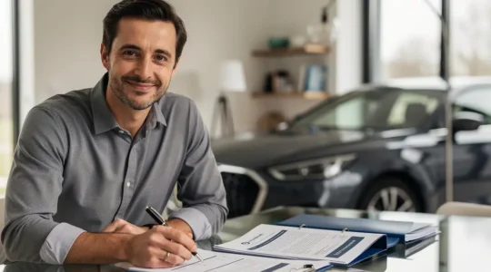 Conducteur confiant examinant des documents d'assurance avec son véhicule en arrière-plan