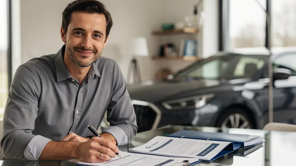 Conducteur confiant examinant des documents d'assurance avec son véhicule en arrière-plan