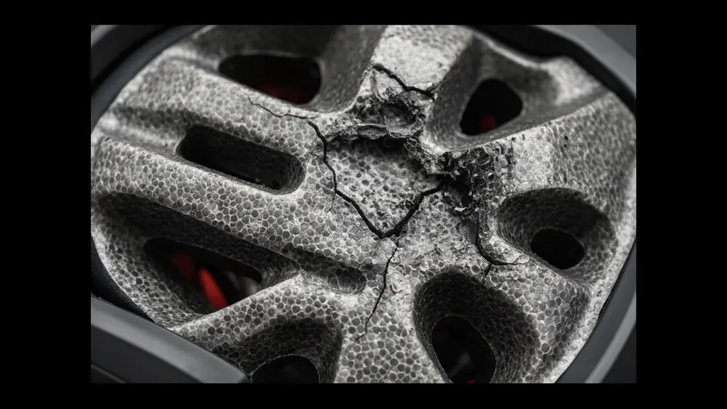 Coupe détaillée montrant la structure interne en polystyrène expansé d'un casque de moto avec zones de compression invisibles