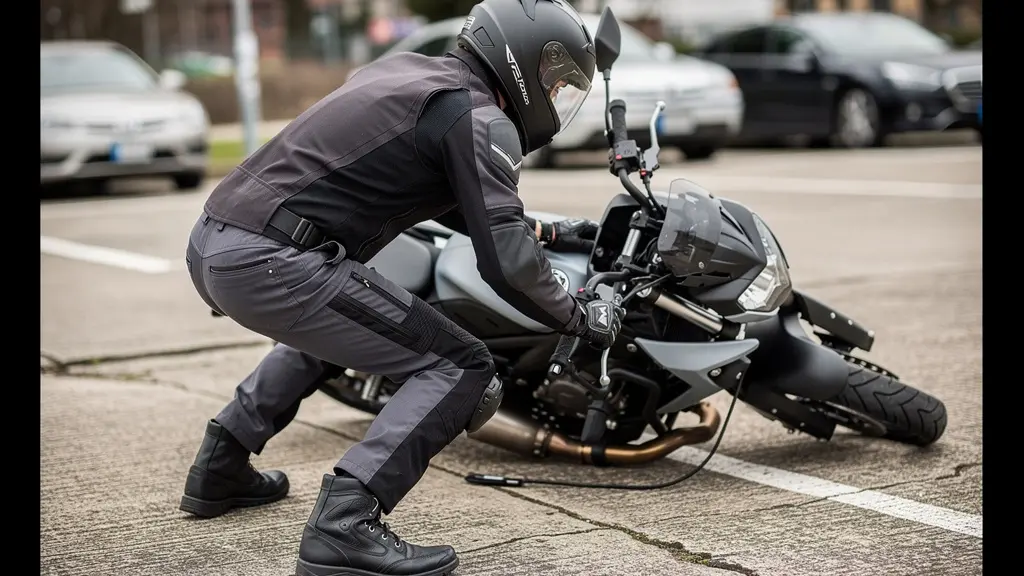 Démonstration de la technique sécurisée pour relever une moto lourde sans se blesser