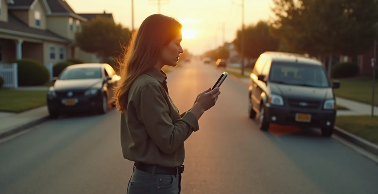 Témoin d'un accident de la route enregistrant sa déclaration sur son smartphone.