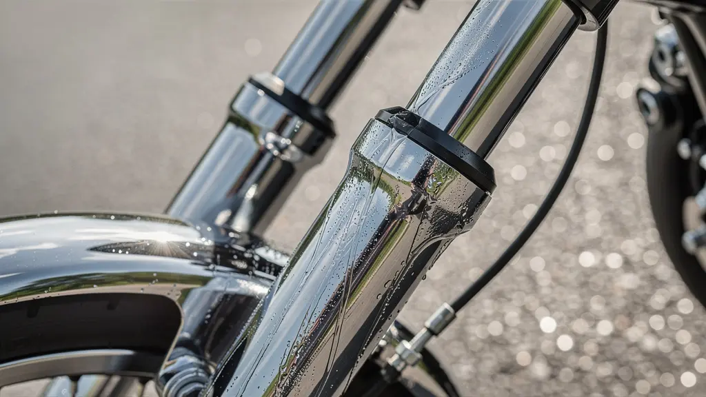 Gros plan sur fourche moto en compression montrant le transfert de charge