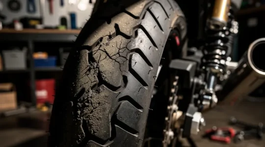 Gros plan sur un pneu moto présentant une usure en facettes avec amortisseur visible en arrière-plan