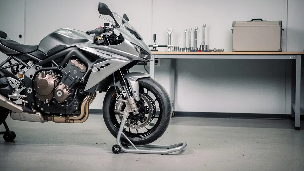 Moto en vente dans un atelier propre, moteur récemment révisé, outils mécaniques discrets et espace vide pour un titre.