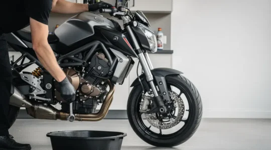 Motard en gants réalisant une vidange sur une moto dans un garage propre, avec des outils posés à côté et un grand espace vide pour un titre.