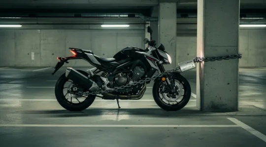 Moto sécurisée avec antivol agréé SRA dans un parking souterrain
