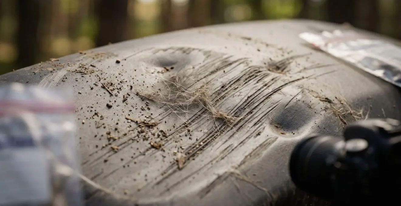 Traces de collision avec animal sauvage sur un véhicule avec éléments de preuve disposés