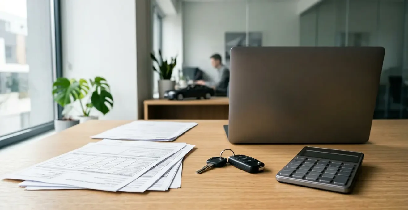 Vue professionnelle d'une scène de bureau moderne avec documents d'assurance auto sur table