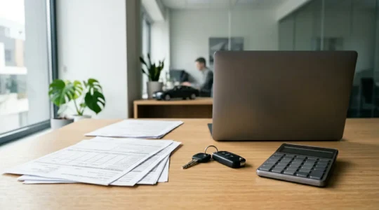 Vue professionnelle d'une scène de bureau moderne avec documents d'assurance auto sur table