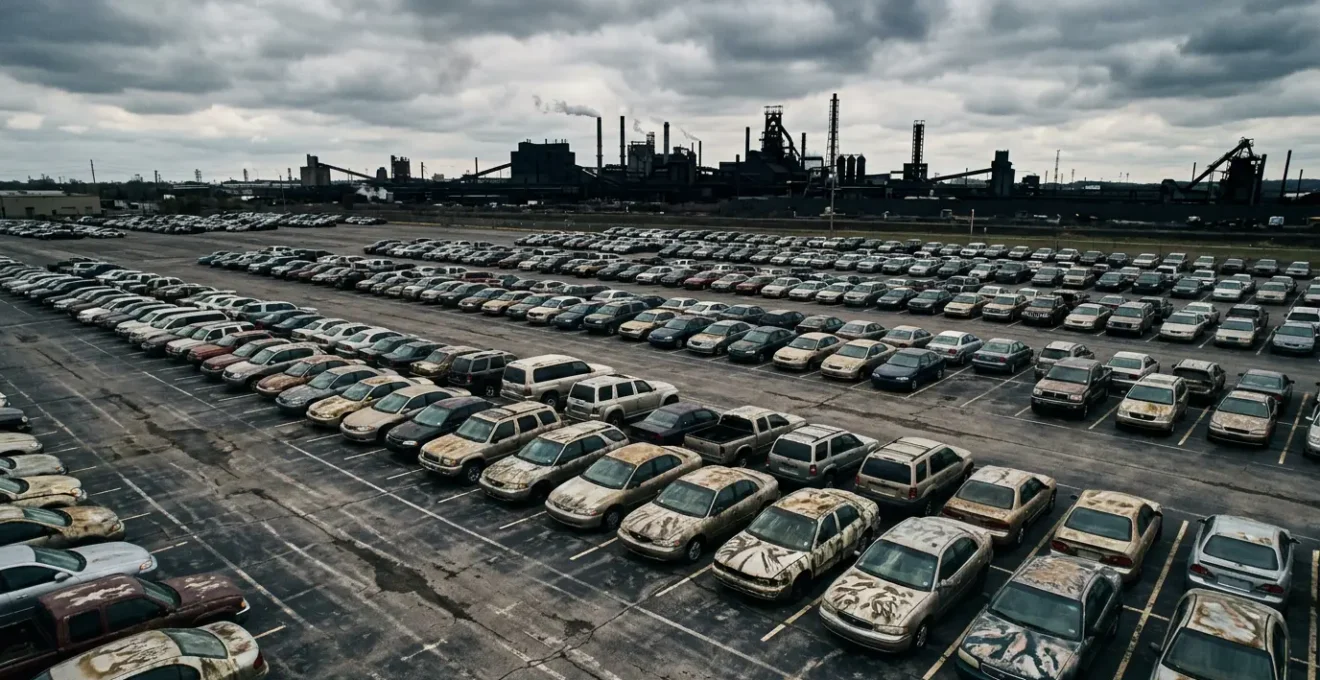 Vue d'un véhicule endommagé avec une usine industrielle en arrière-plan flou