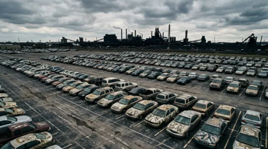 Vue d'un véhicule endommagé avec une usine industrielle en arrière-plan flou