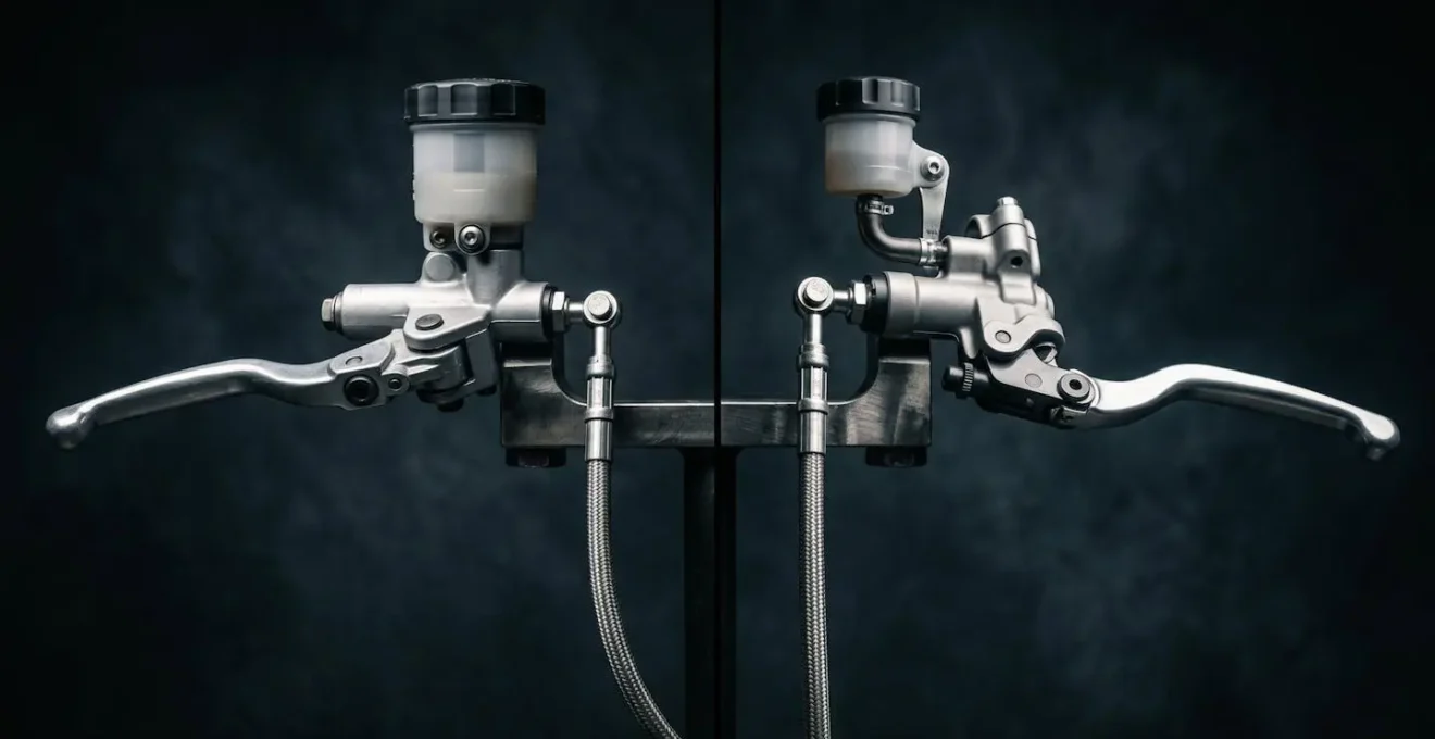 Comparaison visuelle entre maître-cylindre axial et radial avec durites aviation sur une moto sportive