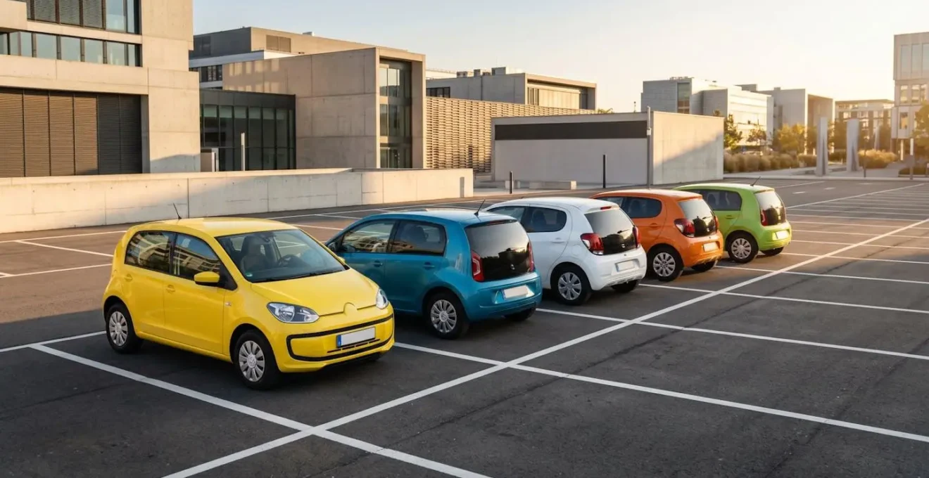 Rangée de citadines adaptées aux jeunes conducteurs dans un parking