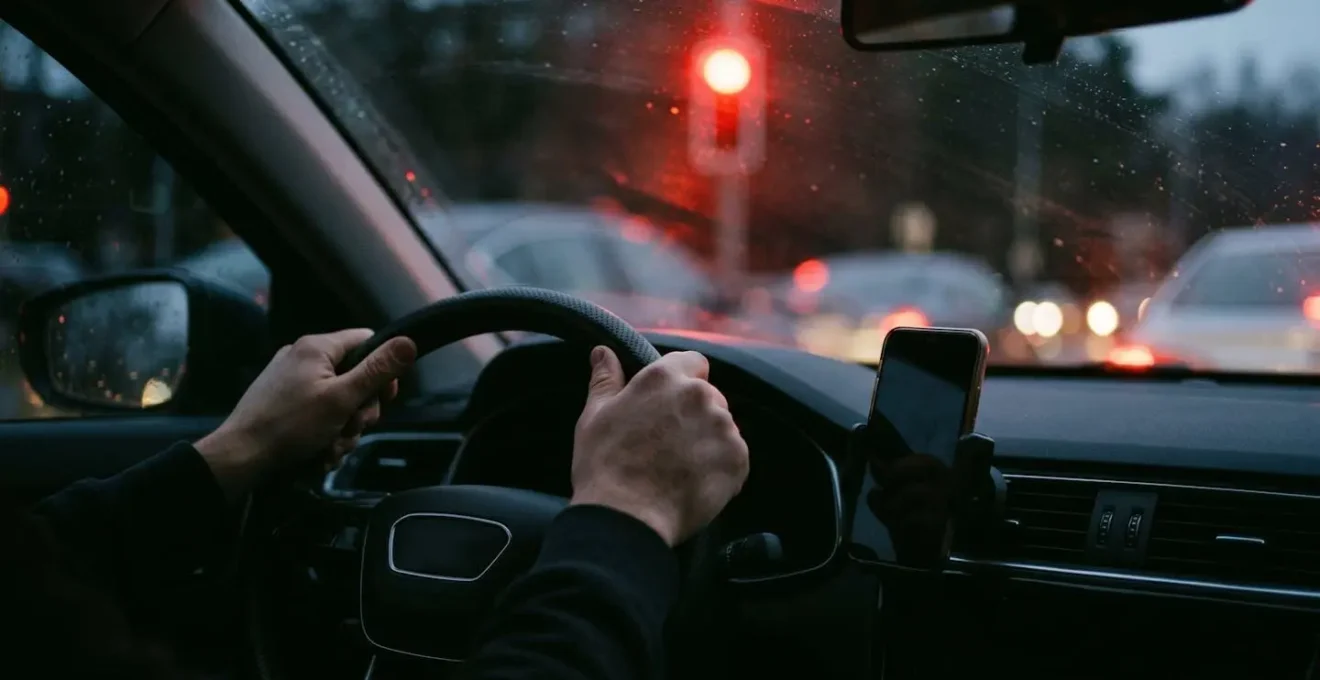 Intérieur de véhicule montrant un téléphone posé sur support homologué