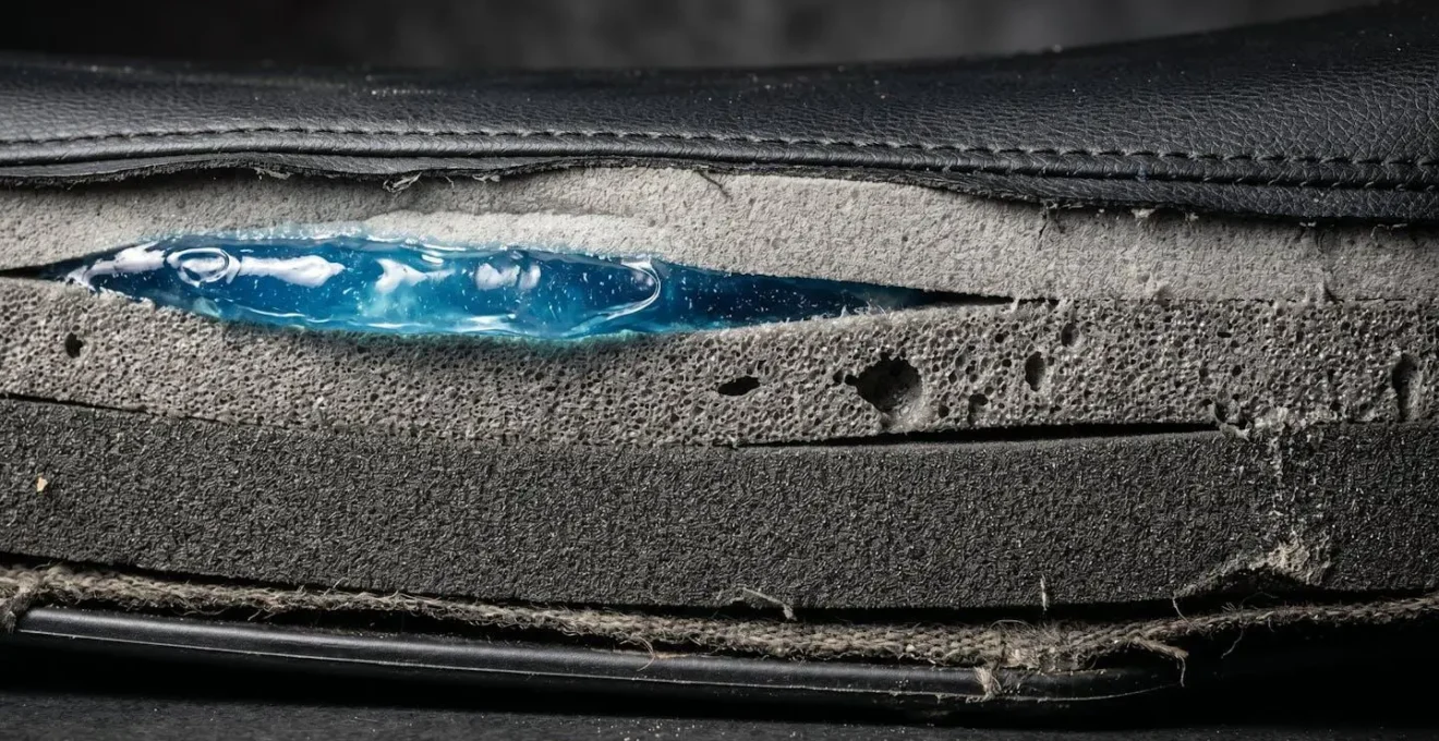 Vue en coupe détaillée d'une selle moto montrant les différentes couches de mousse et gel