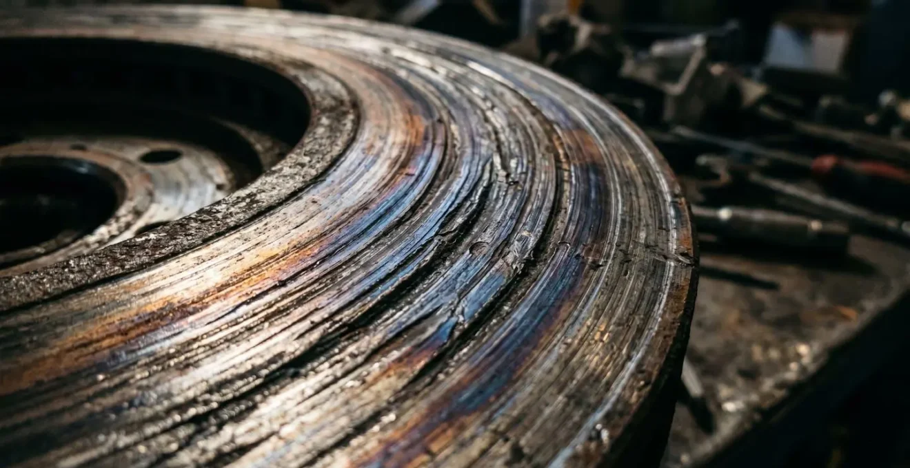 Disque de frein montrant des rayures profondes causées par des plaquettes usées