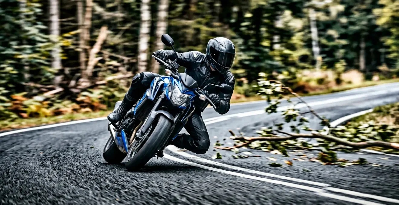 Motard effectuant une manœuvre d'évitement d'urgence sur route avec inclinaison marquée