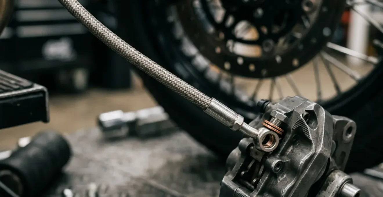 Gros plan sur système de freinage moto avec durites aviation tressées en acier inoxydable montées sur étrier