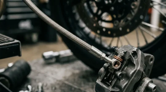 Gros plan sur système de freinage moto avec durites aviation tressées en acier inoxydable montées sur étrier