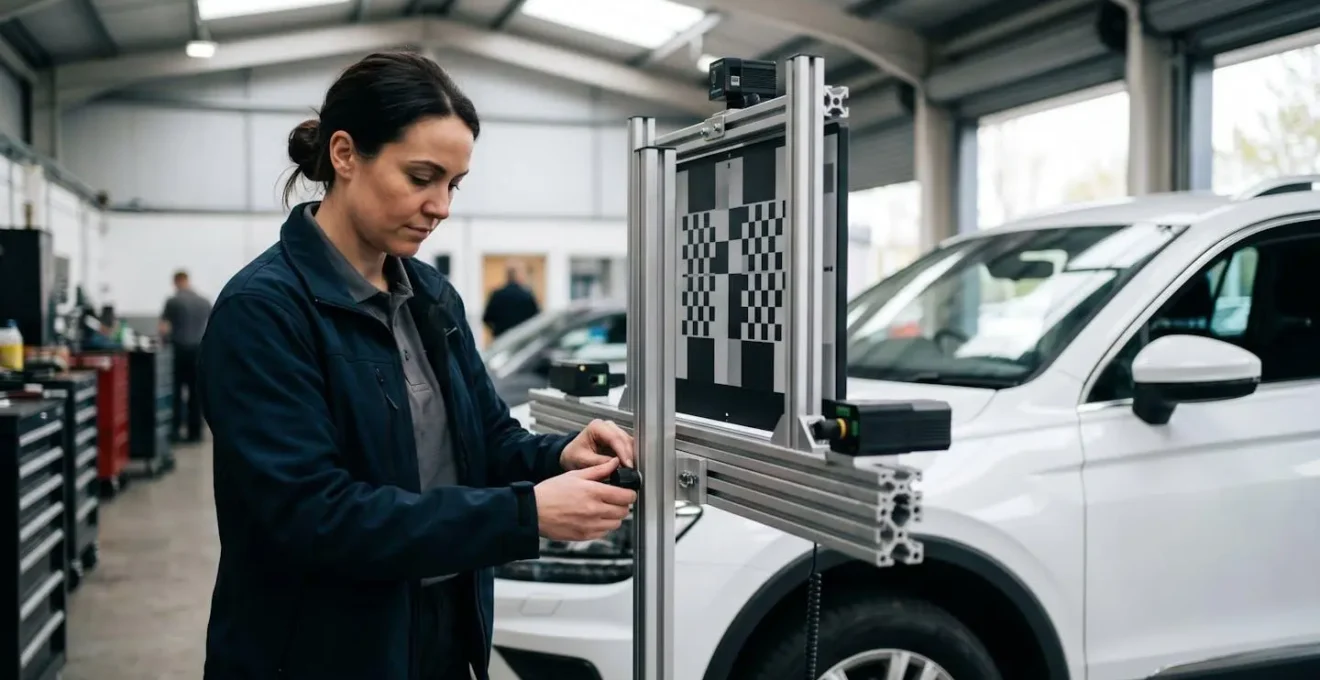 Technicien effectuant le calibrage ADAS d'un pare-brise dans un atelier moderne