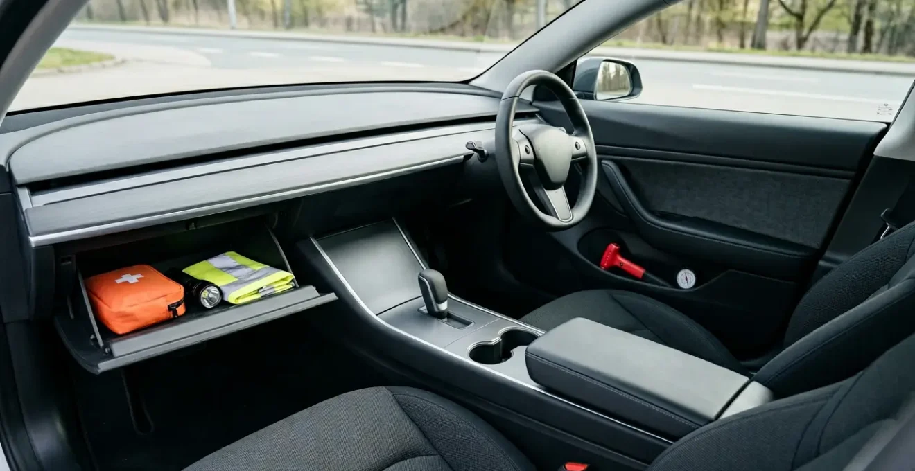 Intérieur de véhicule avec équipements de sécurité obligatoires visibles dans l'habitacle