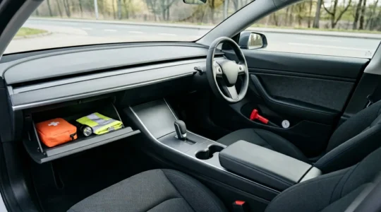 Intérieur de véhicule avec équipements de sécurité obligatoires visibles dans l'habitacle