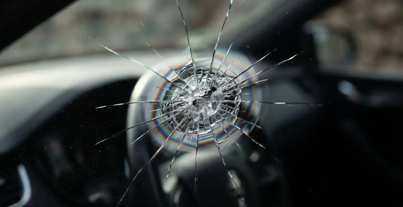 Gros plan sur un impact de pare-brise avec zones de calibration ADAS visibles