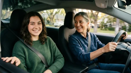 Jeune conducteur avec parent en voiture pendant la conduite accompagnée