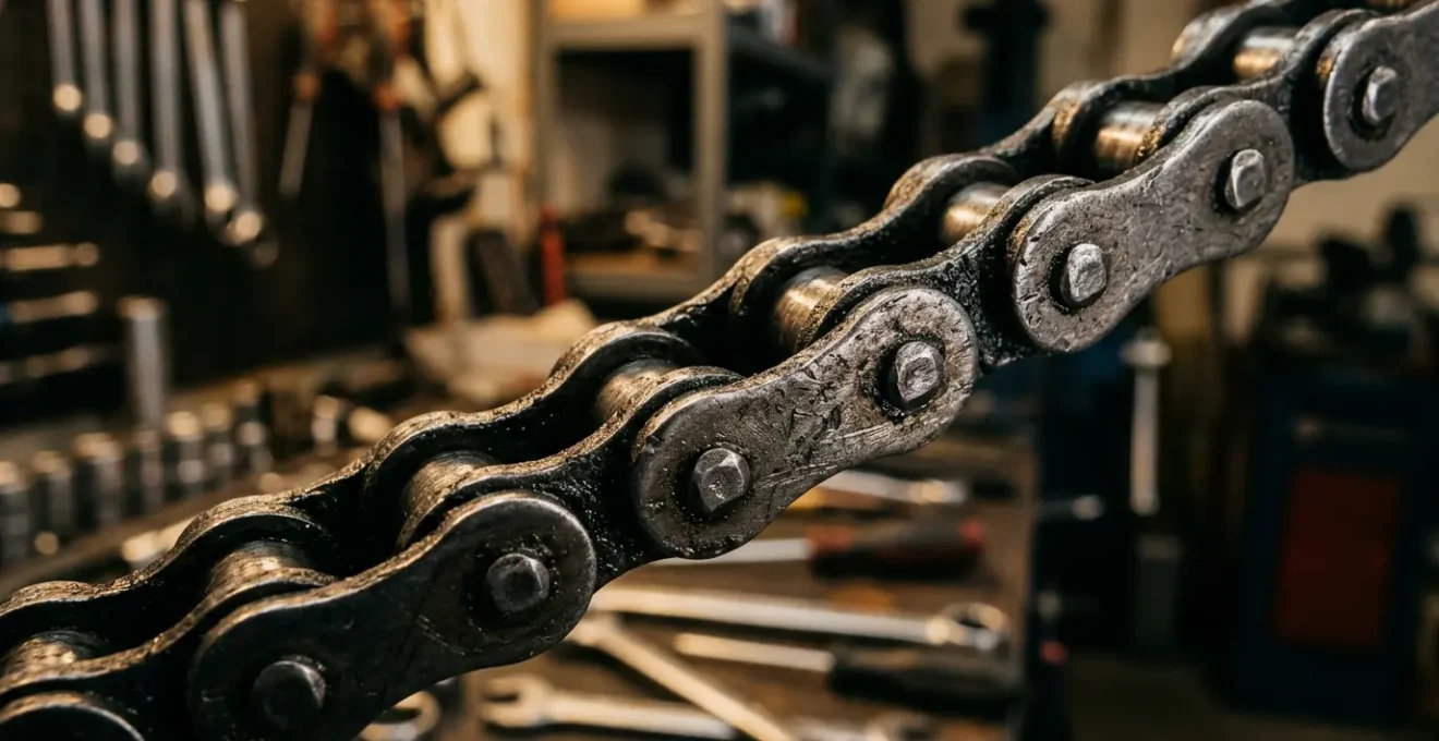 Gros plan sur un kit chaîne de moto avec des outils de mécanicien flous en arrière-plan