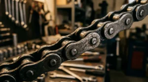 Gros plan sur un kit chaîne de moto avec des outils de mécanicien flous en arrière-plan