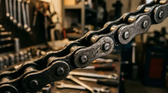 Gros plan sur un kit chaîne de moto avec des outils de mécanicien flous en arrière-plan