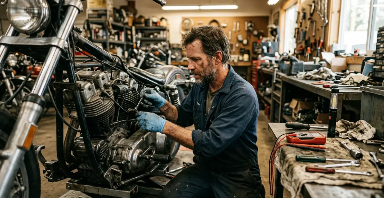 Mécanicien effectuant un diagnostic sur une moto qui ne démarre pas