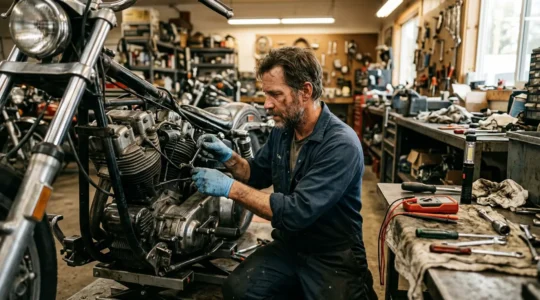 Mécanicien effectuant un diagnostic sur une moto qui ne démarre pas