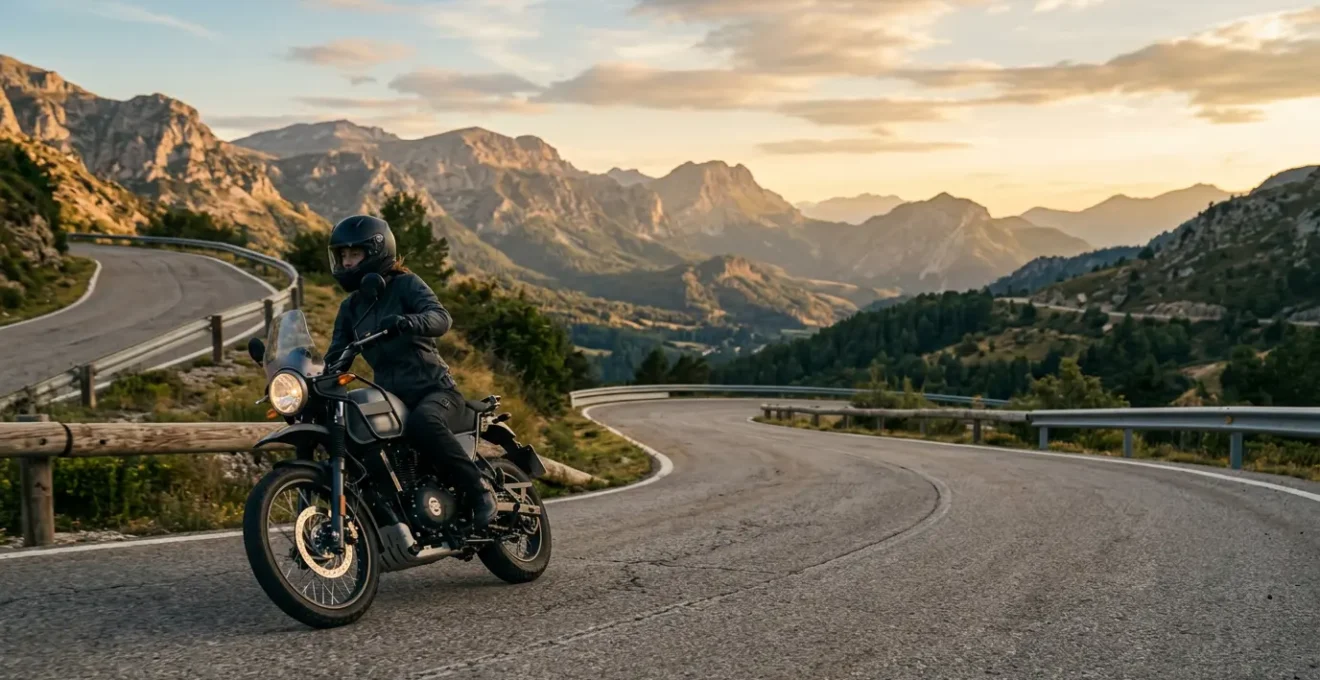 Motard en position ergonomique optimale sur route sinueuse de montagne