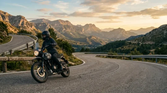 Motard en position ergonomique optimale sur route sinueuse de montagne