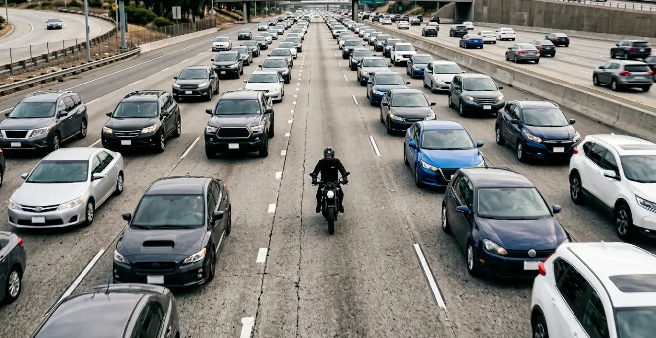Motard en inter-files sur autoroute avec accent sur la visibilité et les angles morts des véhicules