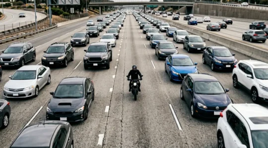 Motard en inter-files sur autoroute avec accent sur la visibilité et les angles morts des véhicules
