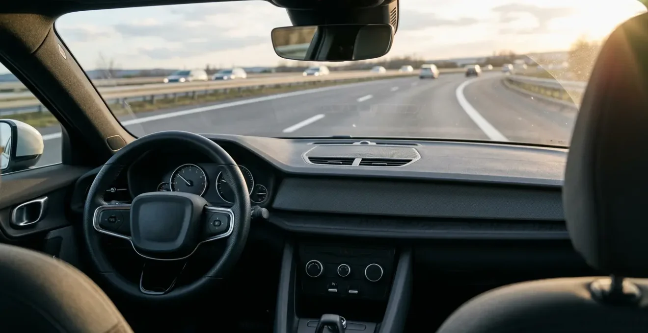 Intérieur de voiture moderne avec écran de bord affichant des systèmes de sécurité actifs et capteurs
