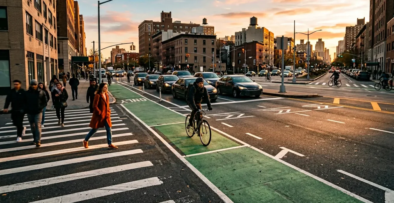Intersection urbaine avec sas vélo et piétons engagés sur passage clouté