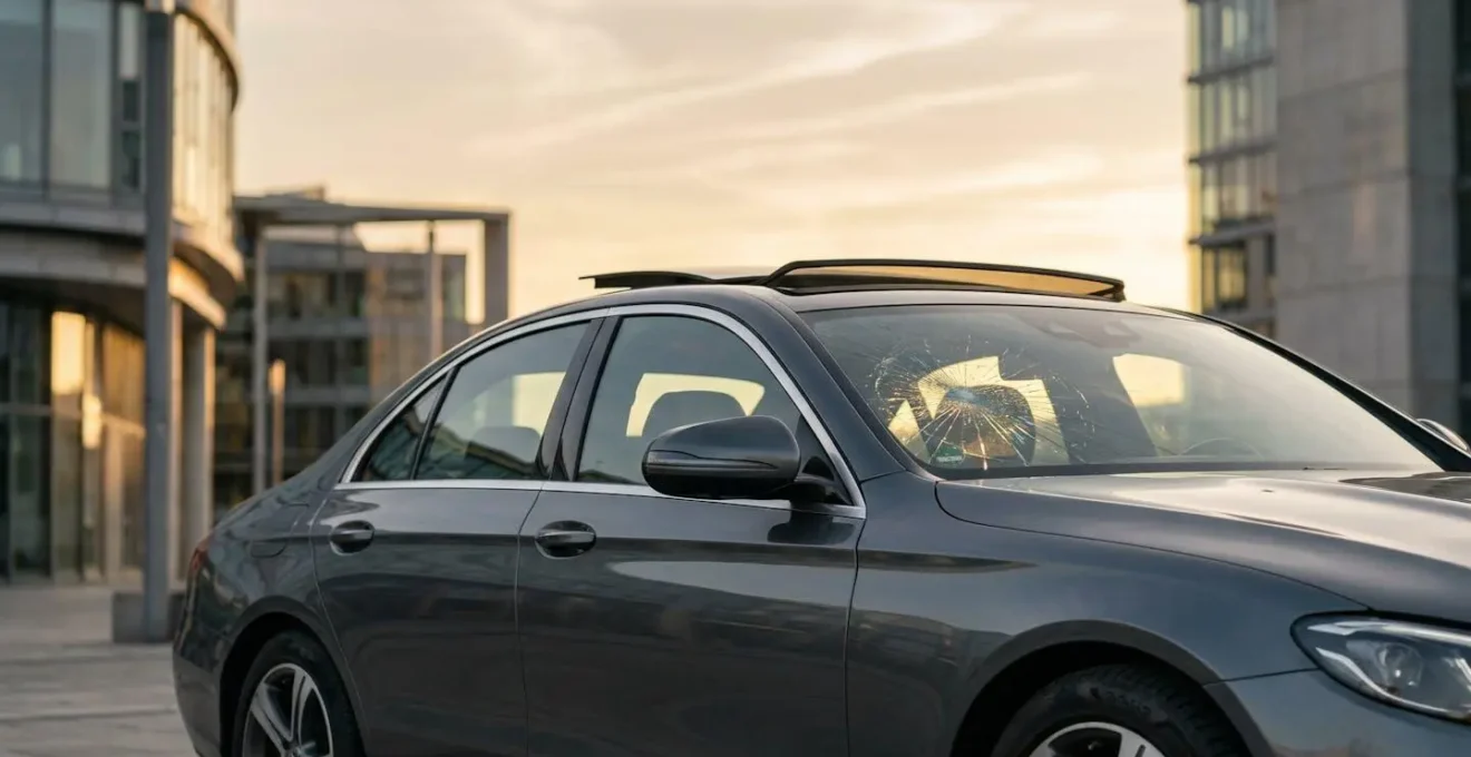 Pare-brise fissuré avec impact en étoile, toit panoramique et rétroviseurs d'une voiture moderne